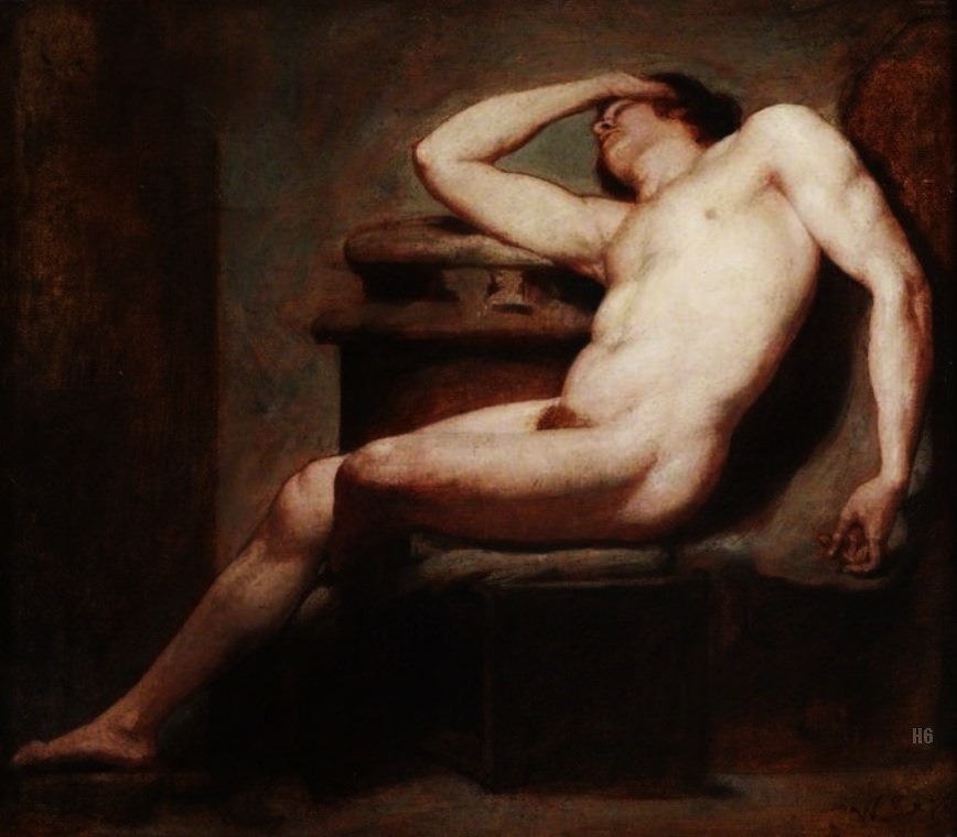 Academic study of a reclining Male nude asleep. William Etty. British. 1787-1849.