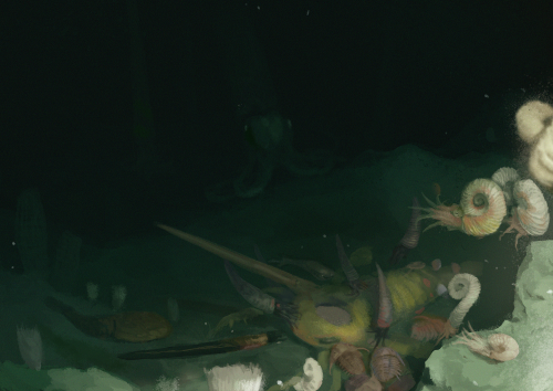 POV: You Went Diving At Night And Spotted Ordovician Nautiloids Feasting On A Eurypterid Carcass, After