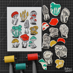 inkprintrepeat:  mushrooms print linocut stamps 