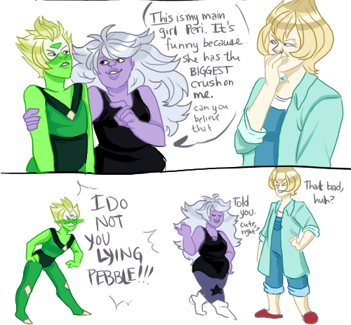 toria-art:  au where amethyst just drags peridot around town to “get her out of the house” and oh shit is this a date   teehee~ ;3