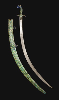 hinducosmos:An Indo-Persian enamelled sword and scabbard with watered-steel blade Signed by Kalb ‘Ali, Persia, dated 1081 AH/1670 AD, and India, 18th century. (via Sotheby’s)