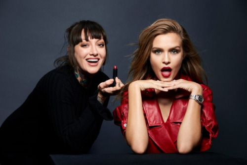 Josephine Skriver with Erin Parsons on set for Maybelline New York. By Andrew Day.