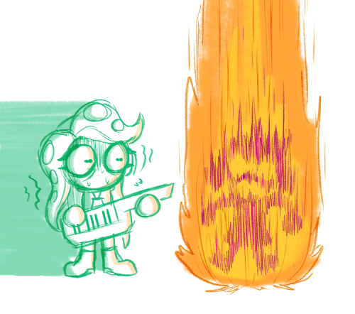 Doodle of Marina from Splatoon looking on in horror as Pearl is cartoonishly eviscerated in a pillar of flame