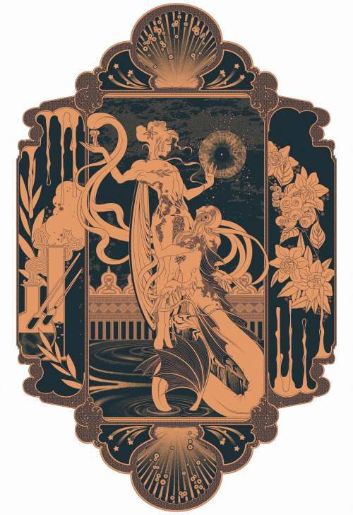 iliothermia: [id: an illuminated illustration of a fairy and a merman in 3 separate panels. The fram