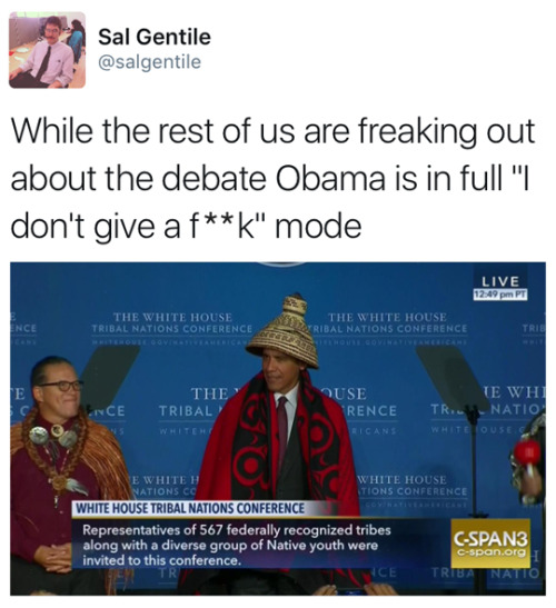 fierceawakening:  selis-c:  tastefullyoffensive:  (via salgentile)  he’s meeting with representatives of Native American tribes and honoring their customs… how is that not giving a fuck  This, wow. 