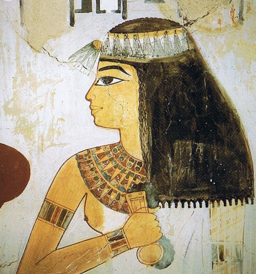 Painting of Lady TawyDetail of a mural depicting Nakht’s wife Tawy holding Menat, a type of artifact