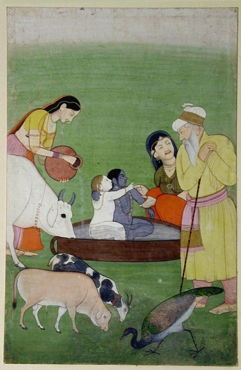 Krishna and Balarama together in a bath while Nanda and Yashoda look on.