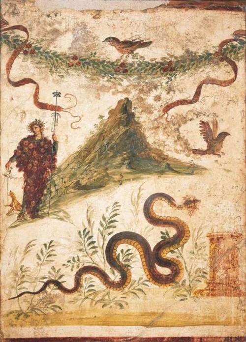 historyfilia:Bacchus and Vesuvius, fresco from Pompeii ( 68-79 AD )