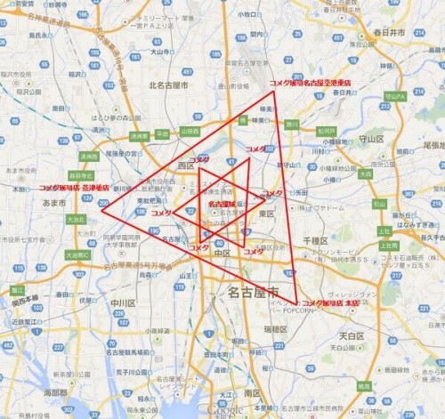 unknown999:  (via あごひげ海賊団 : 名古屋の主要なコメダ珈琲店を直線でつないだら、こんな形になった )