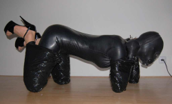 3-holes-2-tits:  Another bitchsuit-style training.Her hands are properly sealed in mittens to keep them useless. And most of her is already sealed into latex and rubber of some kind.The legs and arms restrictions are obviously temporary, but it works