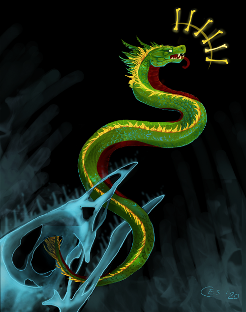 Quetzalcóatl, the great Feathered Serpent, descends into the underworld to retrieve the bones of the