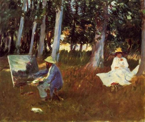 impressionism-art: Claude Monet Painting by the Edge of a Wood 1885 John Singer Sargent