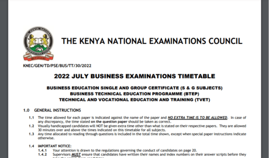 2022-July Business Examinations Timetable