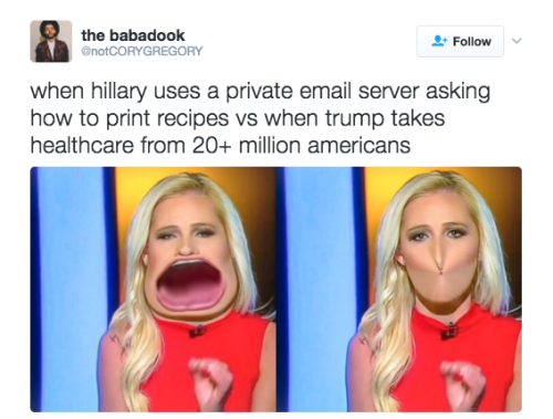 aphobephobe:  refinery29:  Donald Trump and his senior staffers are all using unsecured email servers. Right. Now. If you paid any attention during the presidential campaign, you know that Donald Trump repeatedly harped on Hillary Clinton’s use of a