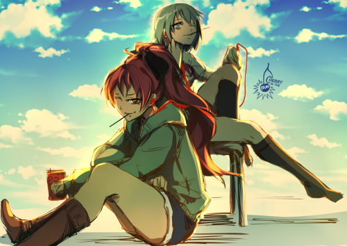 cherryinthesun:  Sayaka and Kyoko chillin’ on the roof Join to get MORE+ yuri art patreon.co