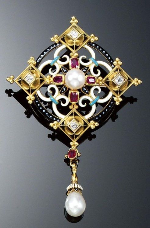 ENAMEL, GEM-SET AND DIAMOND BROOCH/PENDANT, ROBERT PHILLIPS, 1880s