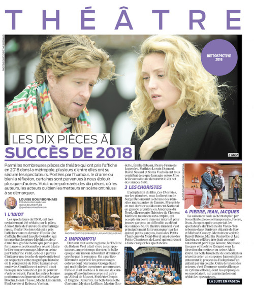 Clippings on December 22, 2018.(1) Le Journal de Montreal: The 10 successful plays of 2018 (2)&