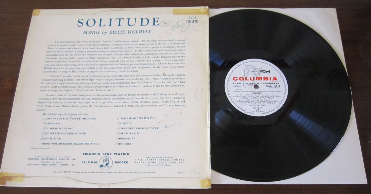 lpcoverart:  Solitude, Songs by BILLIE HOLIDAY UK COLUMBIA RECORDS VINYL LP 33CX