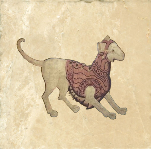 From top: Medieval dog playing a cat bagpipe from The Funeral of Renard the Fox c.1300, dog in a pin