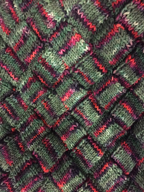 crochetyknitter: driverkt: Entrelac knitting in the PDX carpet colorway @ OMG I NEED THIS COLORWAY I