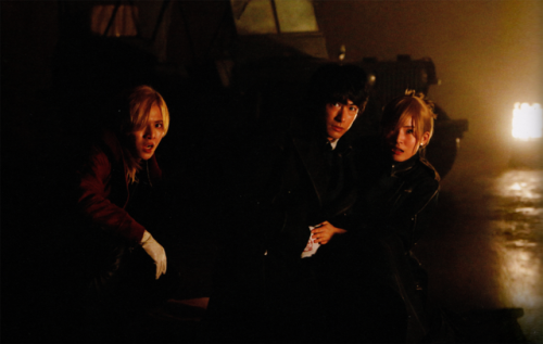 Movie stills of Roy Mustang (Dean Fujioka) and Riza Hawkeye (Renbutsu Misako) ft. Edward Elric (Yama