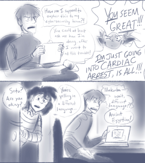 emilyandbirds: Atem and the Kaiba Brothers in some lighthearted, post-DSOD fun.  For a happy In