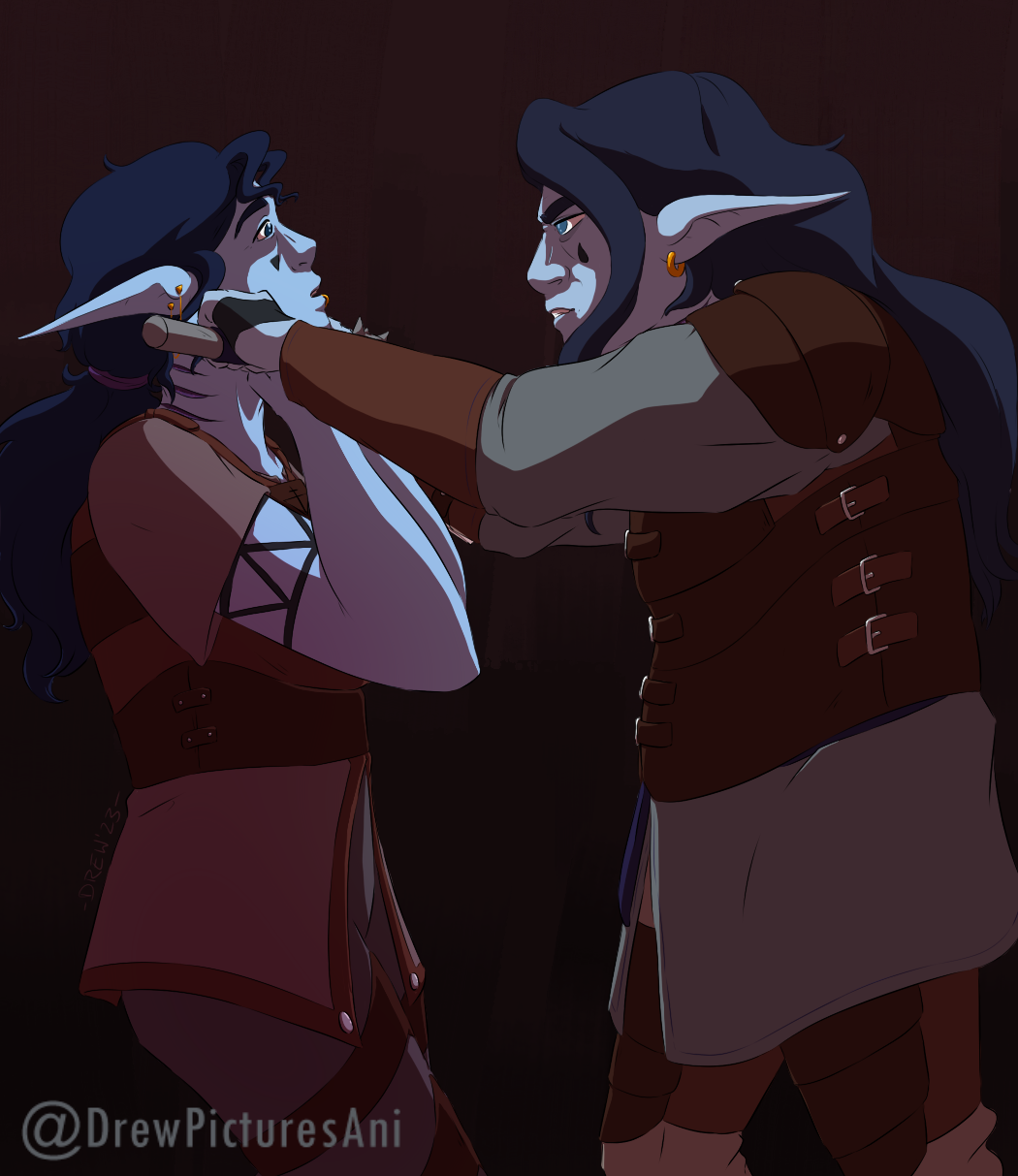 a digital illustration depicting two sea elves: Morrissey and Hawkridge. Morrissey is pinning Hawkridge to a wall, pressing the handle of his morningstar into her throat. His expression is stern and resentful, his eyes shadowed as they stare into hers. Hawkridge's eyes are wide with a mixture of surprise and fear. Her mouth is open as she struggles to breath. Both elves have a similar appearance as siblings, each with pale blue skin, curly, dark hair, and cultural tattoos on their cheeks.