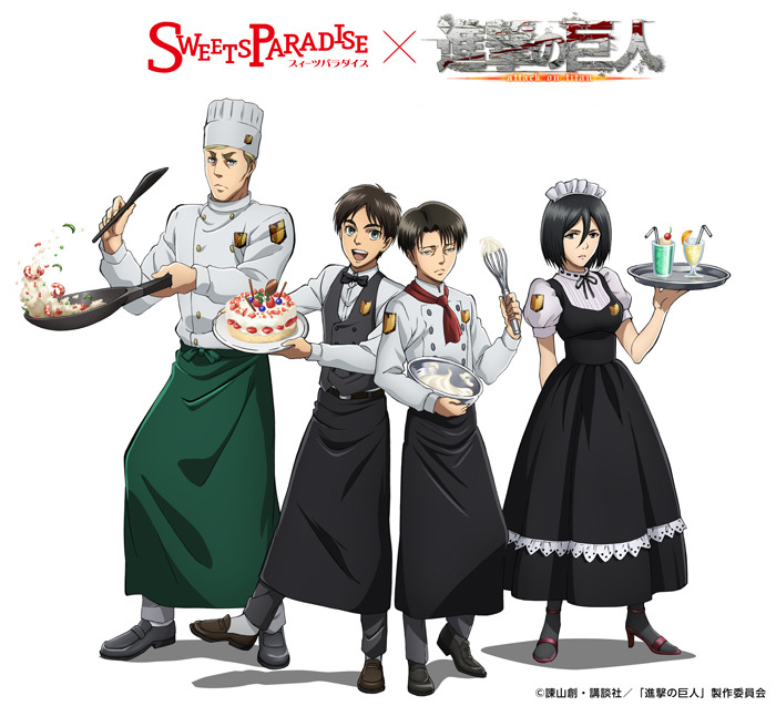 Chefs Erwin, Eren, Levi, &amp; Mikasa for the Sweets Paradise x Shingeki no Kyojin