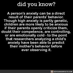 did-you-kno:  A person’s anxiety can be a direct  result of their parents’ behavior.  Though high anxiety is partly genetic,  children are more likely to be anxious  if their parents openly criticize them,  doubt their competence, are controlling,