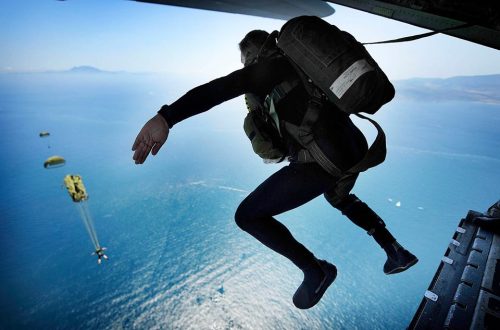 A SPAG(Submarine Parachute Assistance Group) member jumps from an RAF C-130 Hercules off Gibraltar d