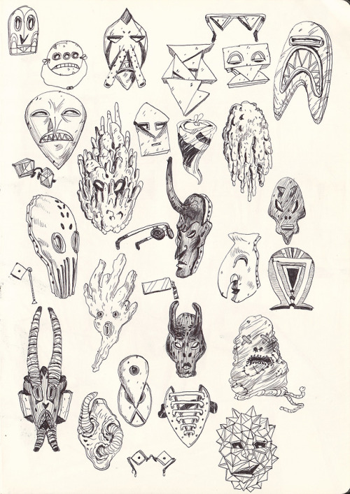 a much of masks I drew in 2015, ballpoint pen