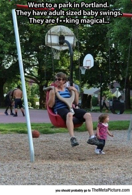 srsfunny:Baby Swings For Grown Ups They’re for the disabled.