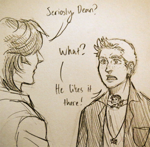 pappcave:  I don’t usually draw Sam, but when I do, you can’t see his face. Cas likes it