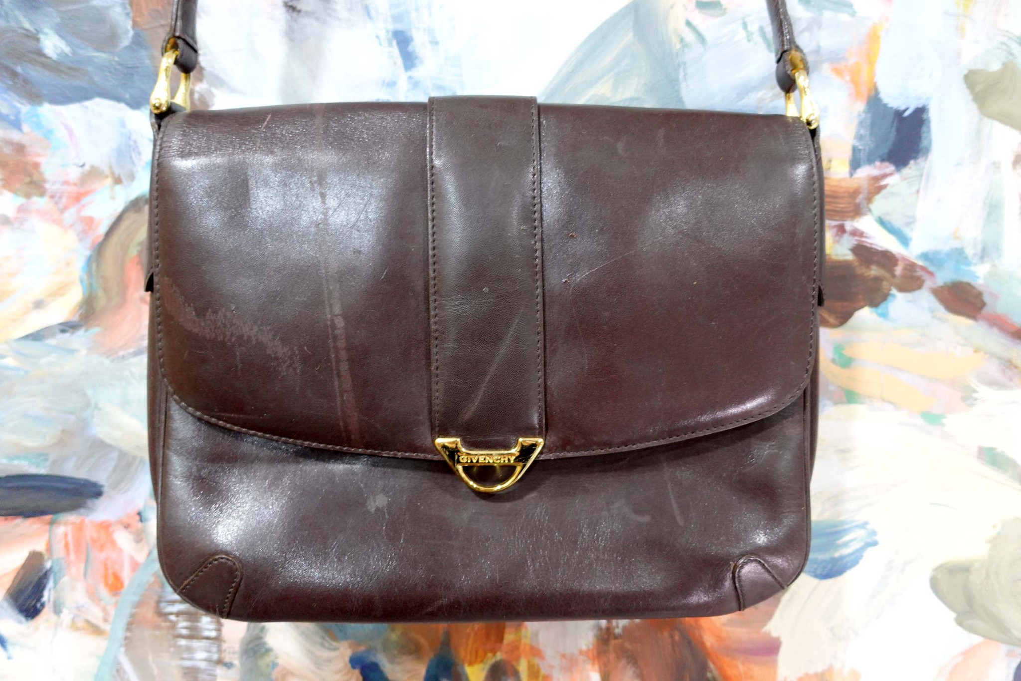 Used GIVENCHY coffee leather cowhide long shoulder strap handbag handbag bag  lady made in Japan second-hand ancient - Shop Mr.Travel Genius Antique shop  Handbags & Totes - Pinkoi