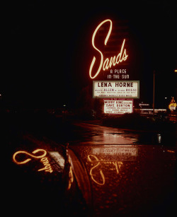 vintagelasvegas:  Rainy night at the Sands. November 1961. Lena Horne, Allen &amp; Rossi, house conductor Antonio Morelli. Unknown photographer, African American Experience in Las Vegas collection, UNLV.