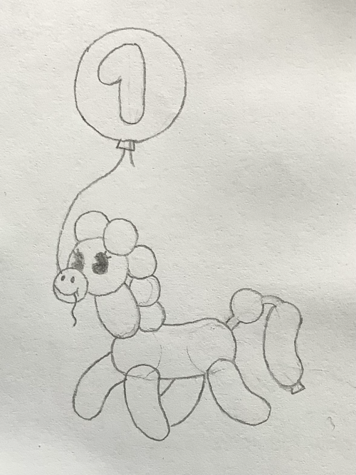 an analog drawing of dub loon (a pony made of balloons). she's prancing forwards, holding the string of a birthday balloon in her mouth. the balloon is marked with a round number "1".