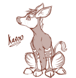 askearthairandmagic: ((Okay I saw one of these yesterday and I just had to draw one up! They’re called Okapi, or Forest Giraffes. Love the colors and the patterns. So brand new OC. Karoo!)) ((Also they got them long tongues))((props to CBT for getting