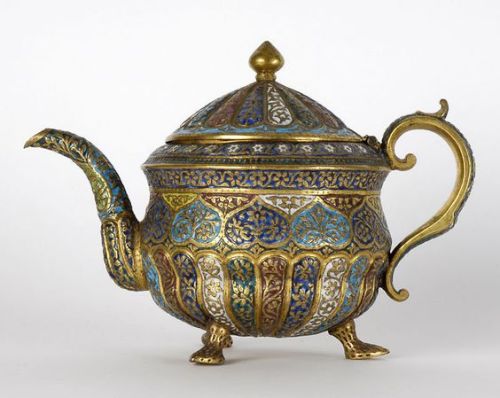 treasures-and-beauty:Kashmir Gilt Bronze Teapot with Enamel, 19th c.