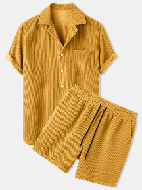 jollytyrantwhispers:Corduroy Solid Patch Pocket Breathable Short Sleeve Shirt & ShortsCheck out 