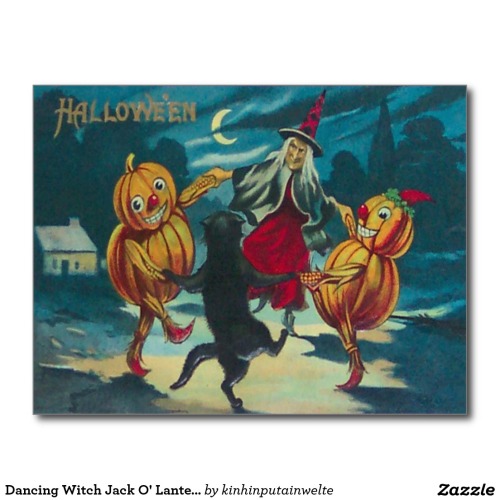 Dancing Witch Jack O’ Lantern Monster Black Cat Postcard - $1.10 Made by Zazzle Paper Vintage 