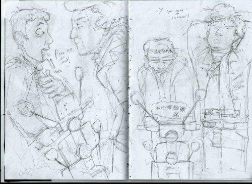 Mods vs rockers, first bits of a comic strip in process. Quadrophenia (one of my ten faves movies from all the times) meets slash. Sorry for the crappy quality (especially in the last drawing, I didn’t know what to do with Jimmy’s little boots