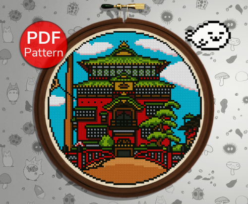 Click on the image to download the pattern.-Spirited Away - Bathhouse at Day-15 DMC colorsDesign Are