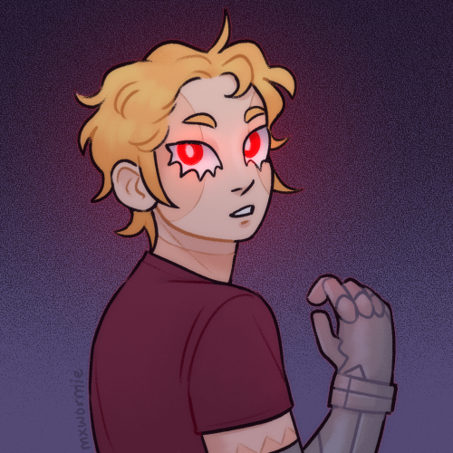 a drawing of an android-humanoid character with pale skin and short wavy blonde hair, with large red eyes and a robotic arms