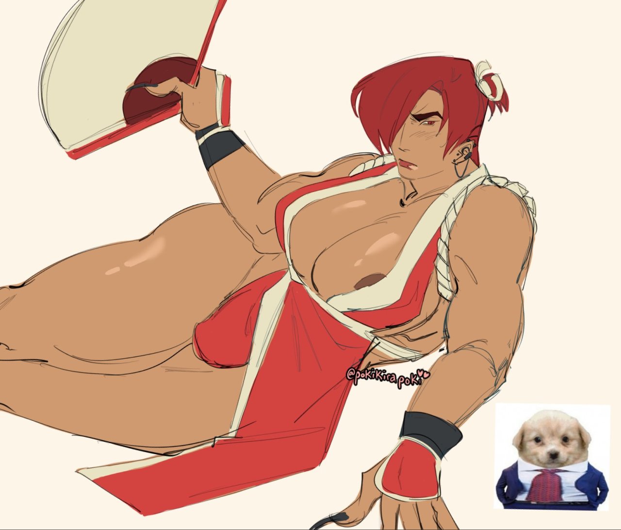 ID. A colored sketch of Iori Yagami posed like Mai Shiranui while donning her outfit. In the bottom right corner is an image of a dog in a suit smiling towards the viewer. End ID.