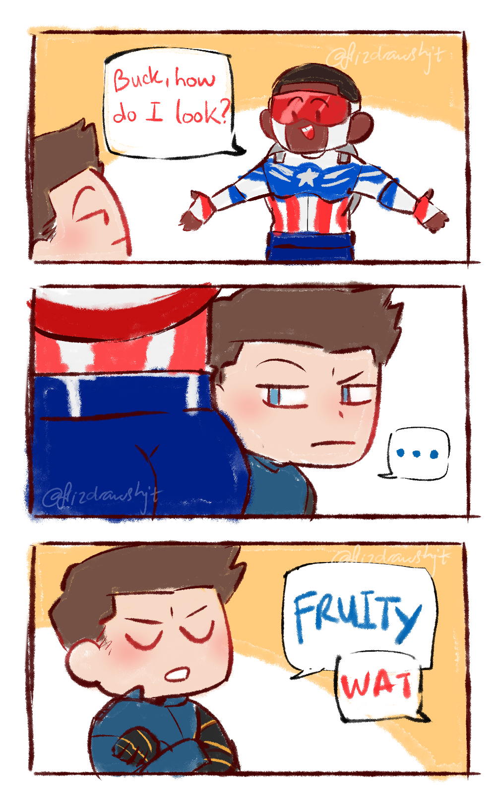 they didn’t give us the bucky complimenting sam’s new suit scene so i did the favor 