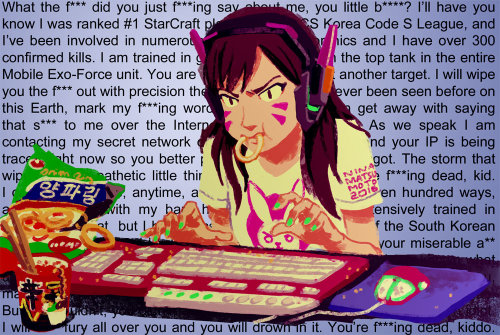 space-coyote: D.Va on the Internet (Not quite Gremlin D.Va because no Doritos &amp; Mountain Dew? I