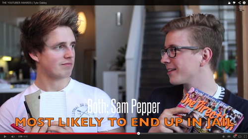 srayne99:  I’ve realized that there seems to be a theme with the answer to “Who Is Most Likely To End Up In Jail” in the Youtuber Superlatives videos Jenn and Rebecca  Joey Graceffa  Marcus and TylerAlexa Losey Kian and Grace           