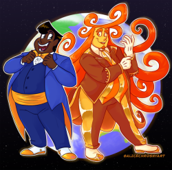 alicechrosnyart:  My half of a trade for the wonderful @owlygem of our beautiful Suns! What are the odds that we BOTH have chubby Sun characters wearing suits? Similar, yet so different at the same time! It’s amazing and Sunny’s ecstatic to have Sun