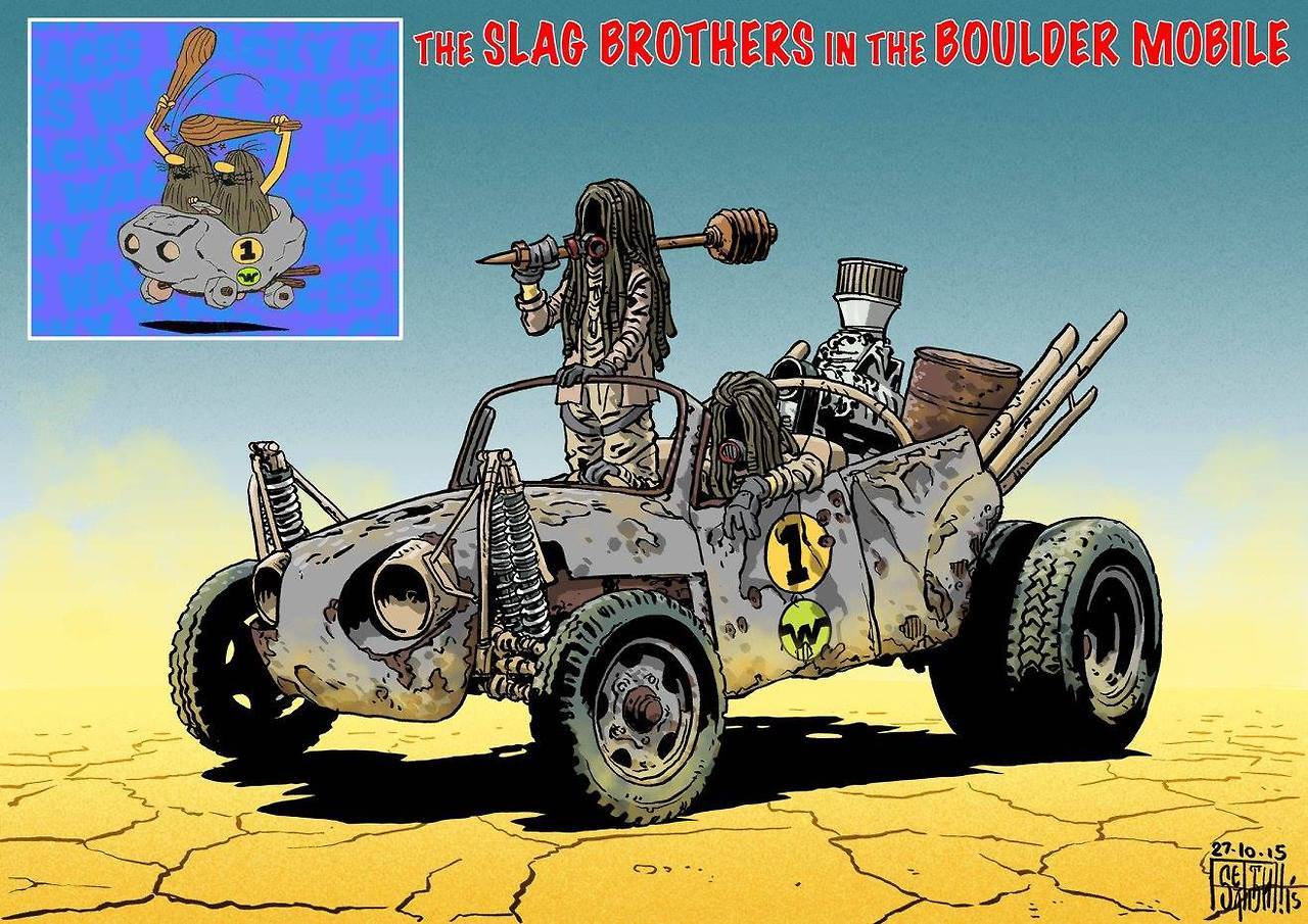 pop-sesivo: Los autos locos en el estilo de Mad Max: Fury Road. Arte: Mark Sexton