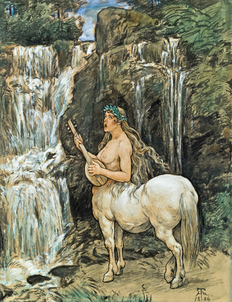 Hans Thoma: Weiblicher Kentaure an einem Wasserfall, 1886.